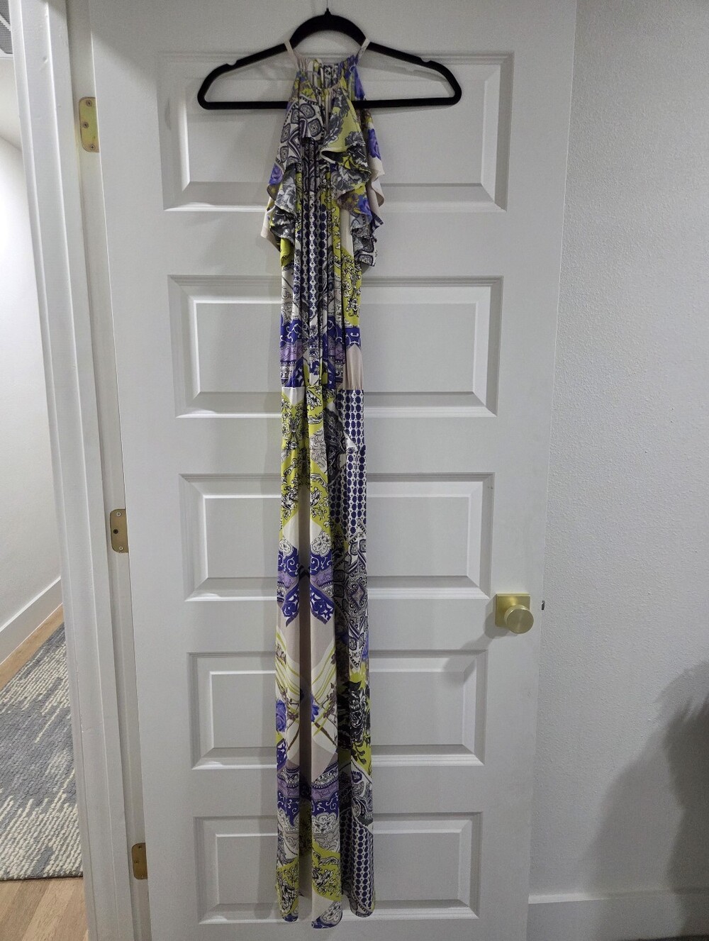 Julian Chang Patchwork Print Halter Maxi Dress Purple Chartreuse Size Small - Picture 7 of 15